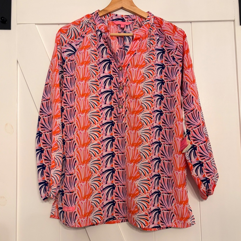 Simply Southern Womens S Oversized Pink Orange Seashell Long Sleeve Tunic Top